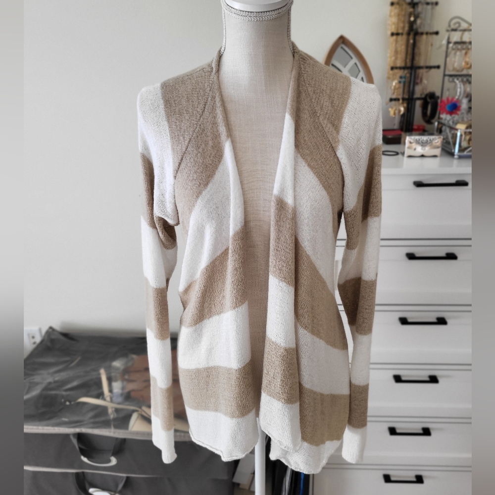EUC Tan and Cream Striped Open Cardigan